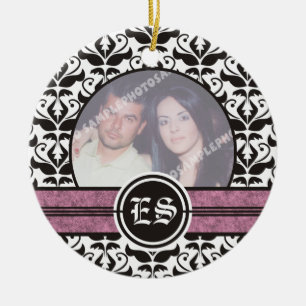 Ornamento de fotos de bodas de damasco blanco y ne