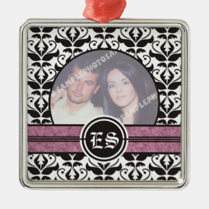 Ornamento de fotos de bodas de damasco blanco y ne