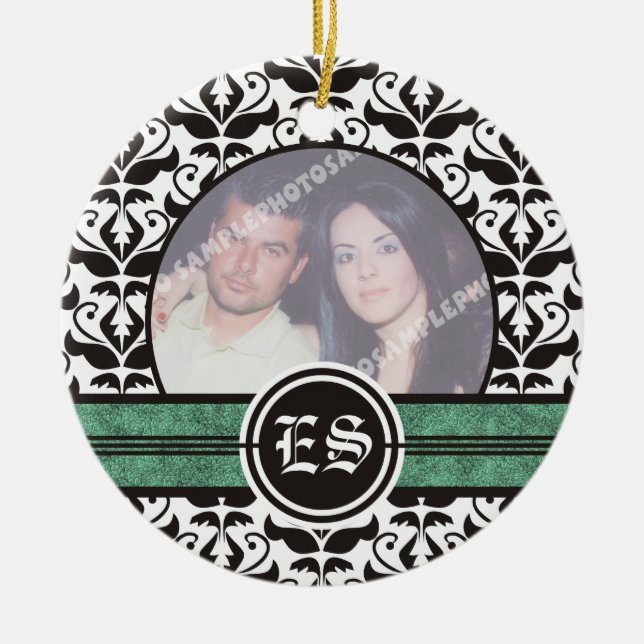 Ornamento de fotos de bodas de damasco blanco y ne (Frente)