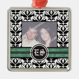 Ornamento de fotos de bodas de damasco blanco y ne