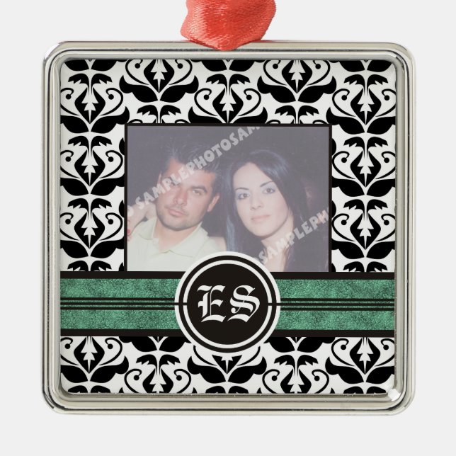 Ornamento de fotos de bodas de damasco blanco y ne (Frente)