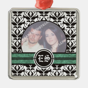 Ornamento de fotos de bodas de damasco blanco y ne