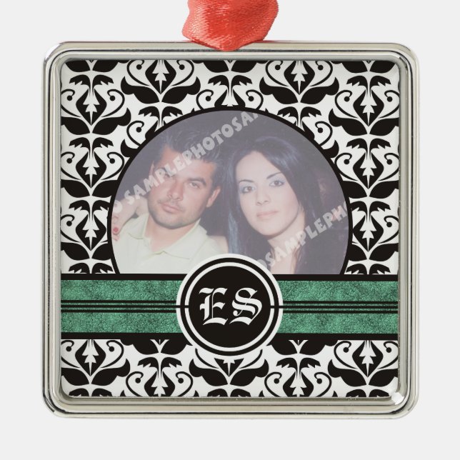 Ornamento de fotos de bodas de damasco blanco y ne (Frente)