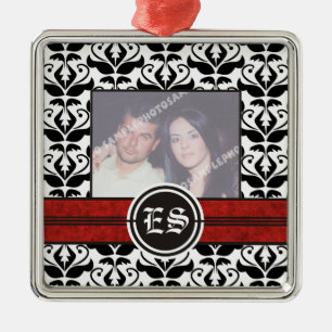 Ornamento de fotos de bodas de damasco blanco y ne