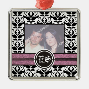 Ornamento de fotos de bodas de damasco blanco y ne