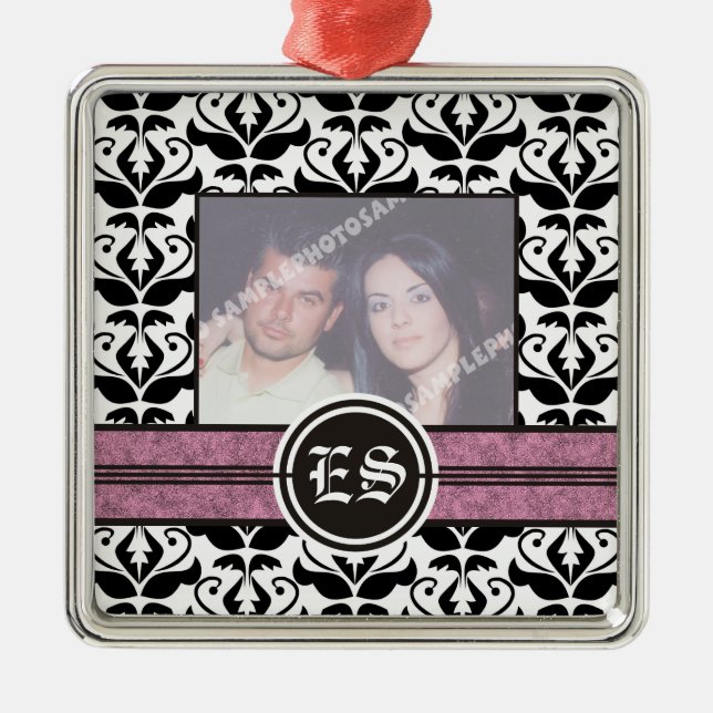 Ornamento de fotos de bodas de damasco blanco y ne (Frente)