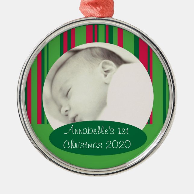 Ornamento de fotos de personalizable verde rojo (Frente)