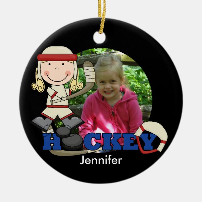 Ornamento de fotos del jugador de hockey chica (Frente)