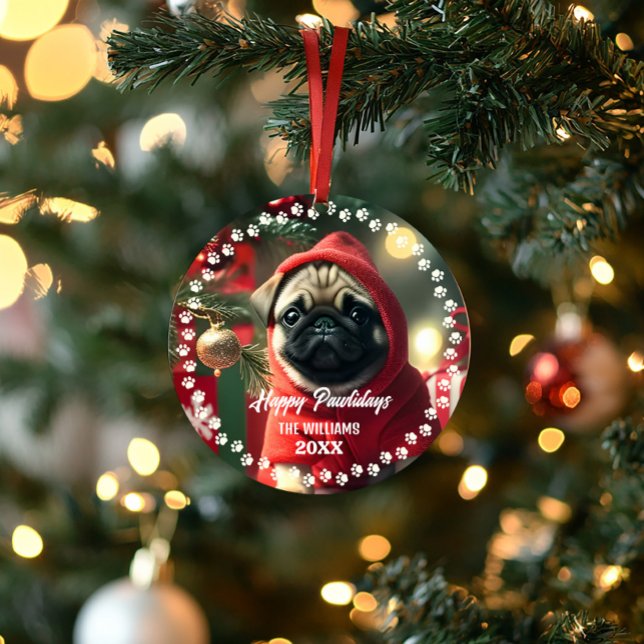 Ornamento de fotos navideñas felices de Navidades  (Cute First Christmas pug pet dog photo ornament)