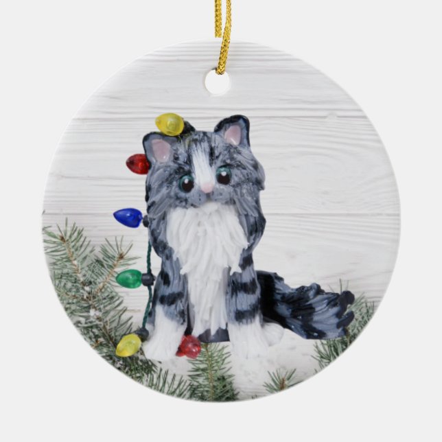 Ornamento de gato de Maine Coon con tabulación gri (Frente)