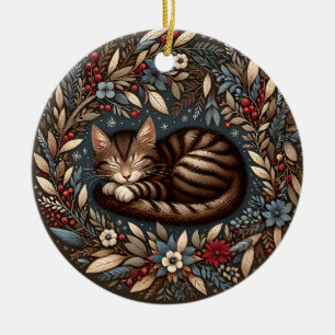 Ornamento de gato en la tabla dormido