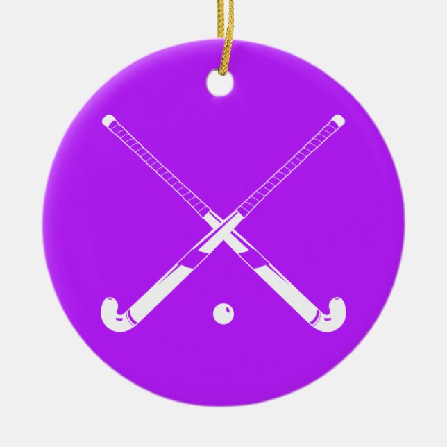 Ornamento de hockey de campo con nombre morado (Frente)