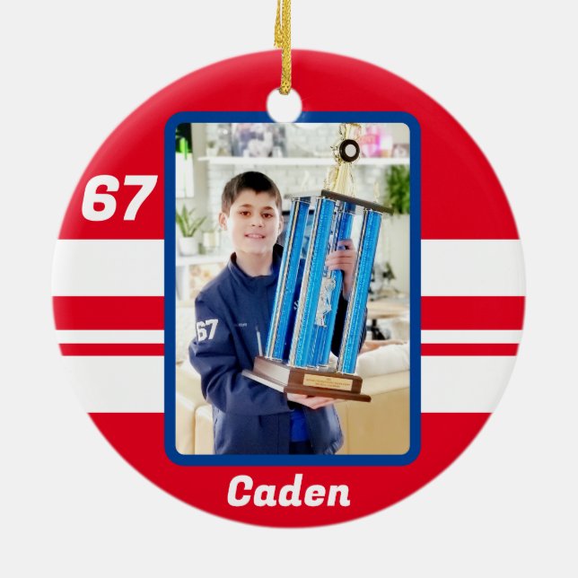 Ornamento de hockey fotográfico personalizado (Atrás)