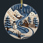 Ornamento de invierno de Snowman Village<br><div class="desc">Bienvenidos a la calidez de la temporada navideña con este adorno "Snowman Village Winter". Con un animado muñeco de nieve que le da la bienvenida en una escena de pueblo nevada con acogedores camarotes, pinos escarpados y sinuosos senderos helados, este diseño captura perfectamente la magia de un tranquilo día de...</div>
