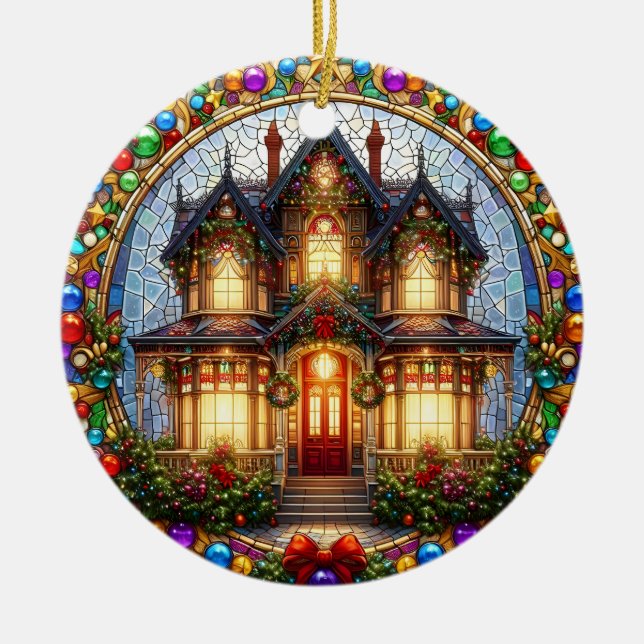 Ornamento de la casa victoriana de vidrio con manc (Frente)