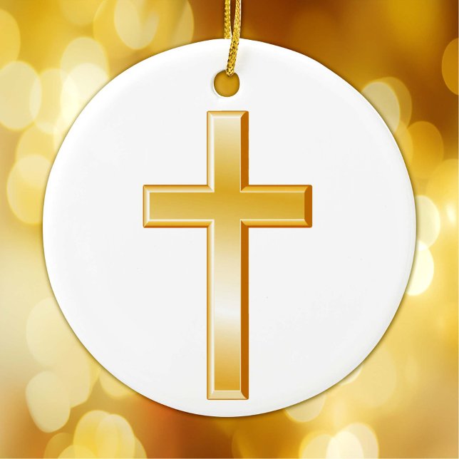 Ornamento de la Cruz Cristiana (Gold cross, symbol of Christian faith. Customize with your text. )