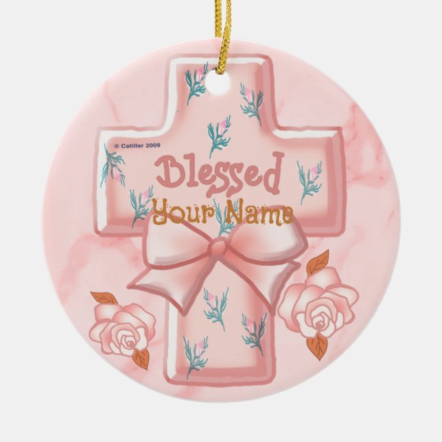 Ornamento de la Cruz Cristiana Bendita Rosa (Frente)