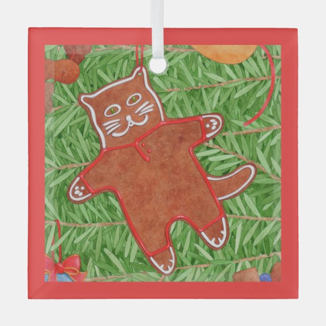 Ornamento de la plaza de vidrio GINGERBREAD KITTY (Anverso)