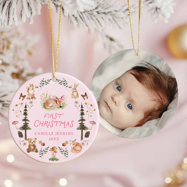 Ornamento de la primera foto de Navidad de la bebé (Pink Baby Girl Christmas Photo Ornament)