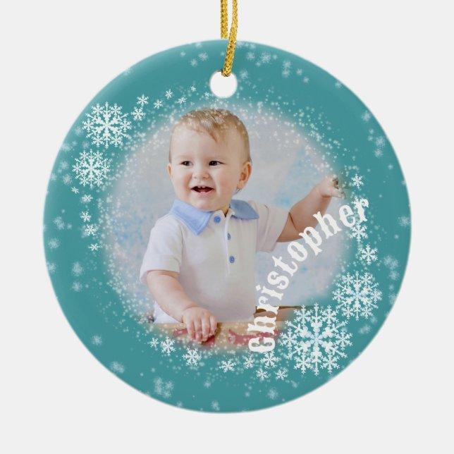 Ornamento de la ronda de Aqua con la nieve brillan (Frente)