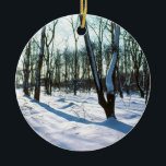 Ornamento de la Ronda de Winter Woods<br><div class="desc">Este ornamento redondo presenta una imagen de un hermoso bosque de invierno nevado. La imagen continúa en la parte posterior,  dando como resultado la impresión de ver la imagen completa cuando gira el adorno.</div>