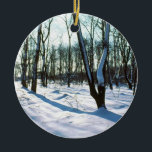 Ornamento de la Ronda de Winter Woods<br><div class="desc">Este ornamento redondo presenta una imagen de un hermoso bosque de invierno nevado. La imagen continúa en la parte posterior,  dando como resultado la impresión de ver la imagen completa cuando gira el adorno.</div>