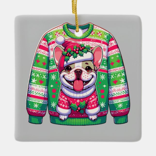 Ornamento de las felices fiestas de bulldog francé (Anverso)