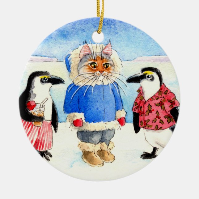 Ornamento de los pingüinos y del navidad del gato (Frente)