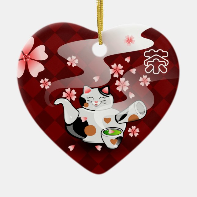 Ornamento de Maneki Neko Sakura del té I <3 (Frente)