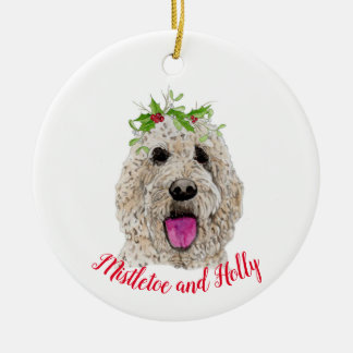 Ornamento de Mistletoe y Holly Golden Doodle