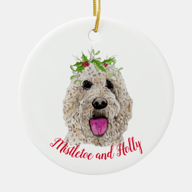Ornamento de Mistletoe y Holly Golden Doodle (Frente)
