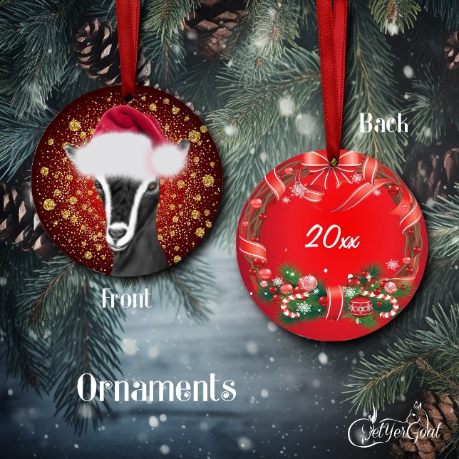 Ornamento de Navidad Alpine Goat Santa Hat (Oil portrait of a pretty Alpine dairy goat in Santa hat , gold snowflakes, dated, #zazzlemade )