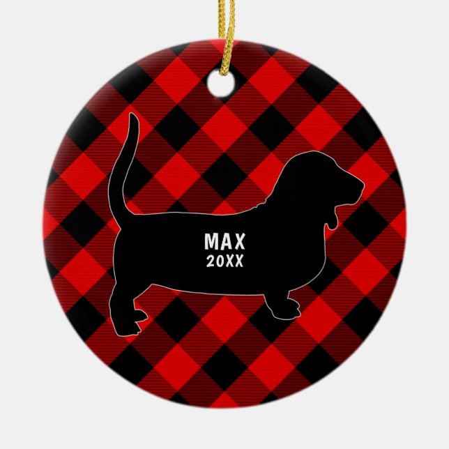 Ornamento de Navidad Basset Hound Plaid (Frente)