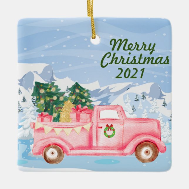 Ornamento de Navidad de camión rosa de época (Anverso)