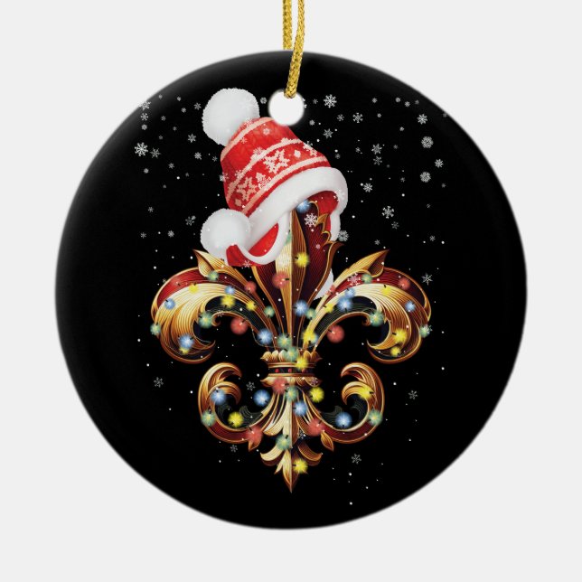 Ornamento De Navidad De Fleur De Lis Con Santa Hat (Frente)