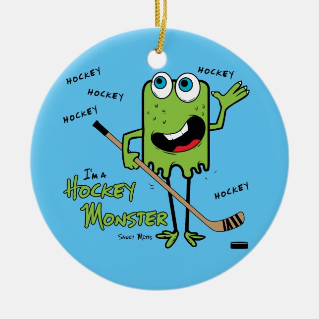 Ornamento de Navidad de Monstruo de Hockey Verde (Frente)