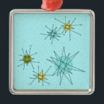 Ornamento de Navidad de Robin's Egg Blue Atomic St<br><div class="desc">Este estilo de orquesta navideña con icónica atómica de guiño Robin, contiene estallidos atómicos icónicos. ¡Así es! La vieja escuela, el fondo de color azul óvulo de robin con especkles de oro, es el telón de fondo perfecto para los vibrantes círculos turquesa, apasionante apio y kitschy color verde pera. Las...</div>