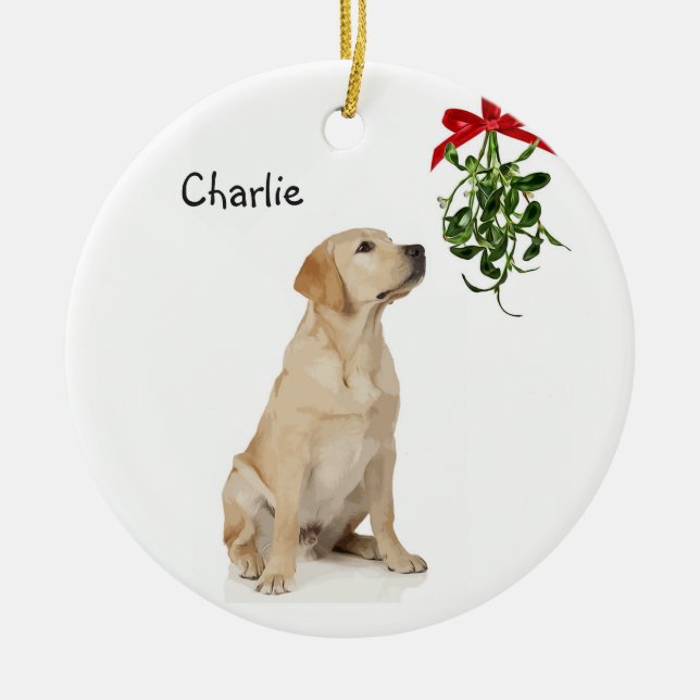 Ornamento de Navidad de Yellow Lab Mistletoe (Frente)