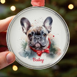 Ornamento de Navidad francés de Bulldog francés<br><div class="desc">¡Bulldog francés lindo adorno de Navidad para tu francesa! Arte acuático original de Nicole. Personalizar con un nombre personalizado.</div>