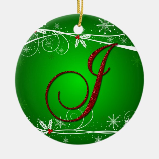 Ornamento de Navidad Inicial J de Red Greens Holly (Frente)