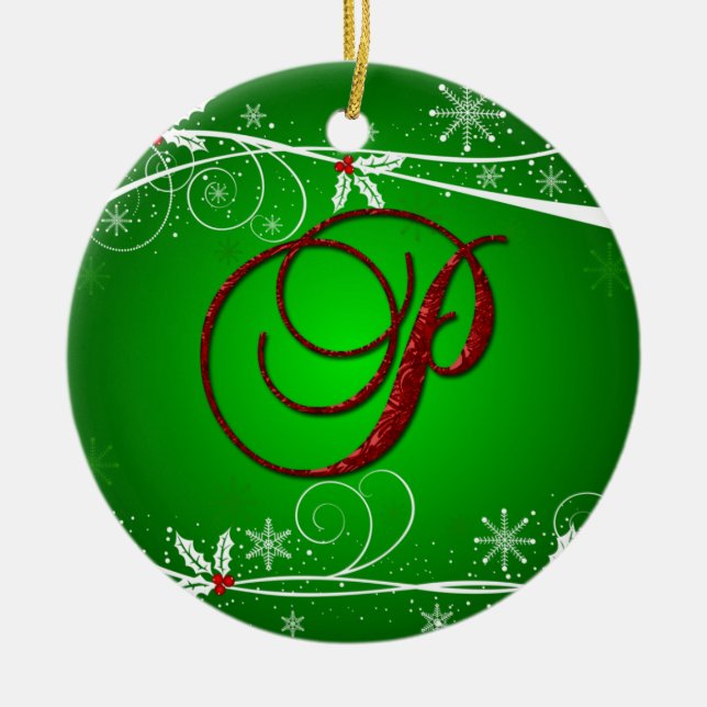 Ornamento de Navidad Inicial P de Red Greens Holly (Frente)