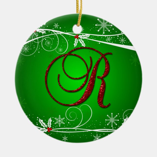 Ornamento de Navidad Inicial R de Red Greens Holly (Frente)