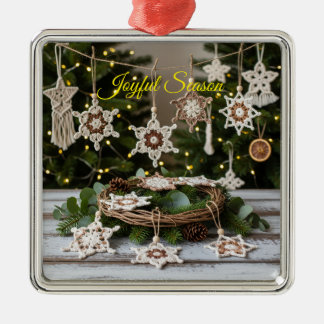 Ornamento de Navidad Metálico de Boho Crochet Snow