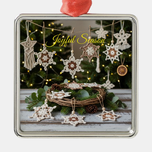 Ornamento de Navidad Metálico de Boho Crochet Snow (Frente)