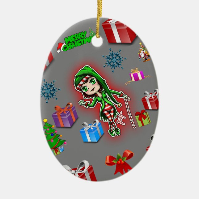 Ornamento de navidad ovalada elfo blanco (Frente)