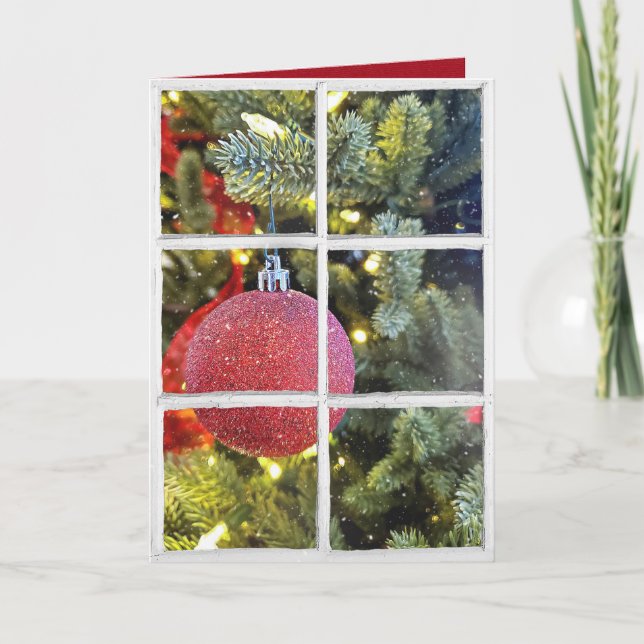 ornamento de Navidad roja en ventana nevada (Anverso)