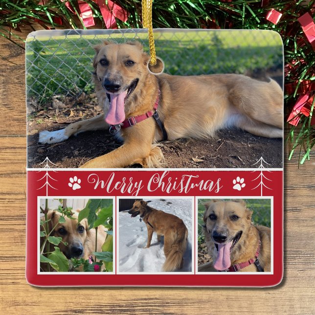 Ornamento de Navidad Rojo en Collage de fotos de P (Add your dog favorite pictures to this ornament .)