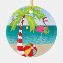 Ornamento de Navidad Tropical Beach Flamingo Palm