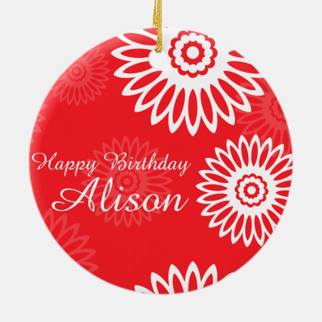 Ornamento de nombre de cumpleaños feliz de flores  (Atrás)