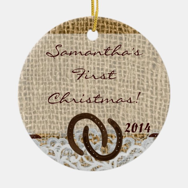 Ornamento de nombre personalizado de Burlap Rústic (Frente)
